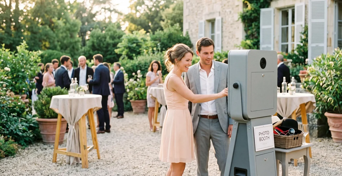 Borne photo professionnelle installée lors d'un cocktail de mariage en extérieur avec invités en tenue de jour
