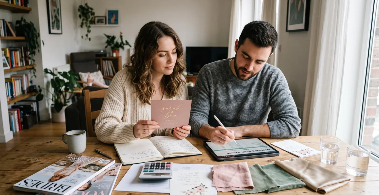 Jeune couple planifiant ensemble le budget de leur mariage à une table, consultant des documents et échantillons de couleurs