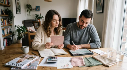 Jeune couple planifiant ensemble le budget de leur mariage à une table, consultant des documents et échantillons de couleurs