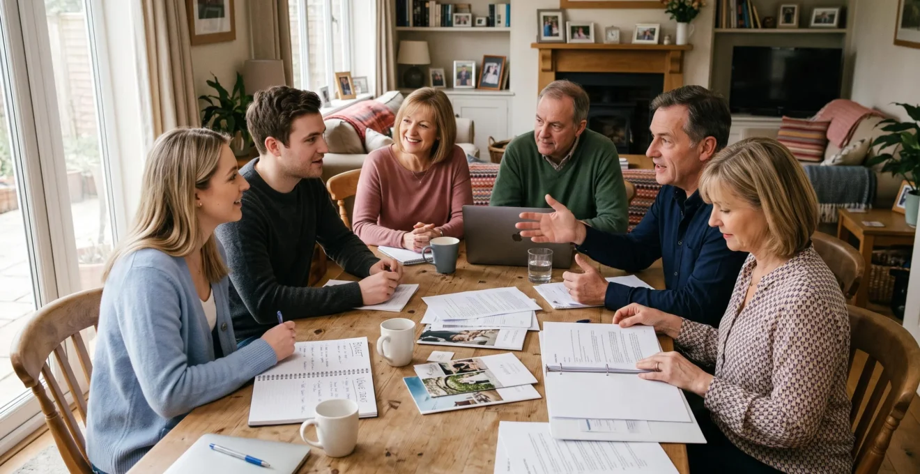 Famille multigénérationnelle réunie autour d'une table discutant de l'organisation et du financement du mariage