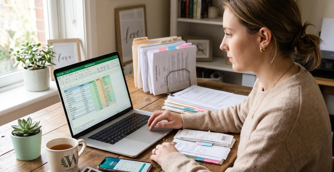 Femme gérant le budget de son mariage sur ordinateur avec tableur et documents de planification organisés sur son bureau