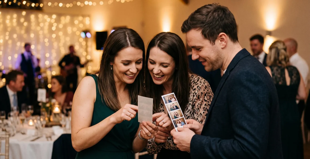 Invités de mariage regardant ensemble les photos instantanées imprimées par la borne photo
