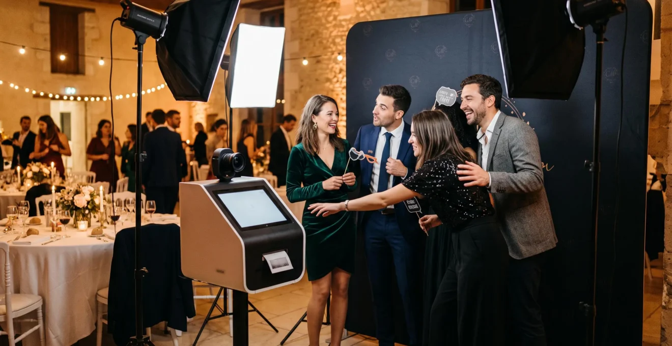 Groupe d'invités utilisant une borne photo professionnelle lors d'une soirée de mariage dans une salle de réception