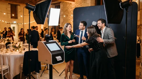 Groupe d'invités utilisant une borne photo professionnelle lors d'une soirée de mariage dans une salle de réception