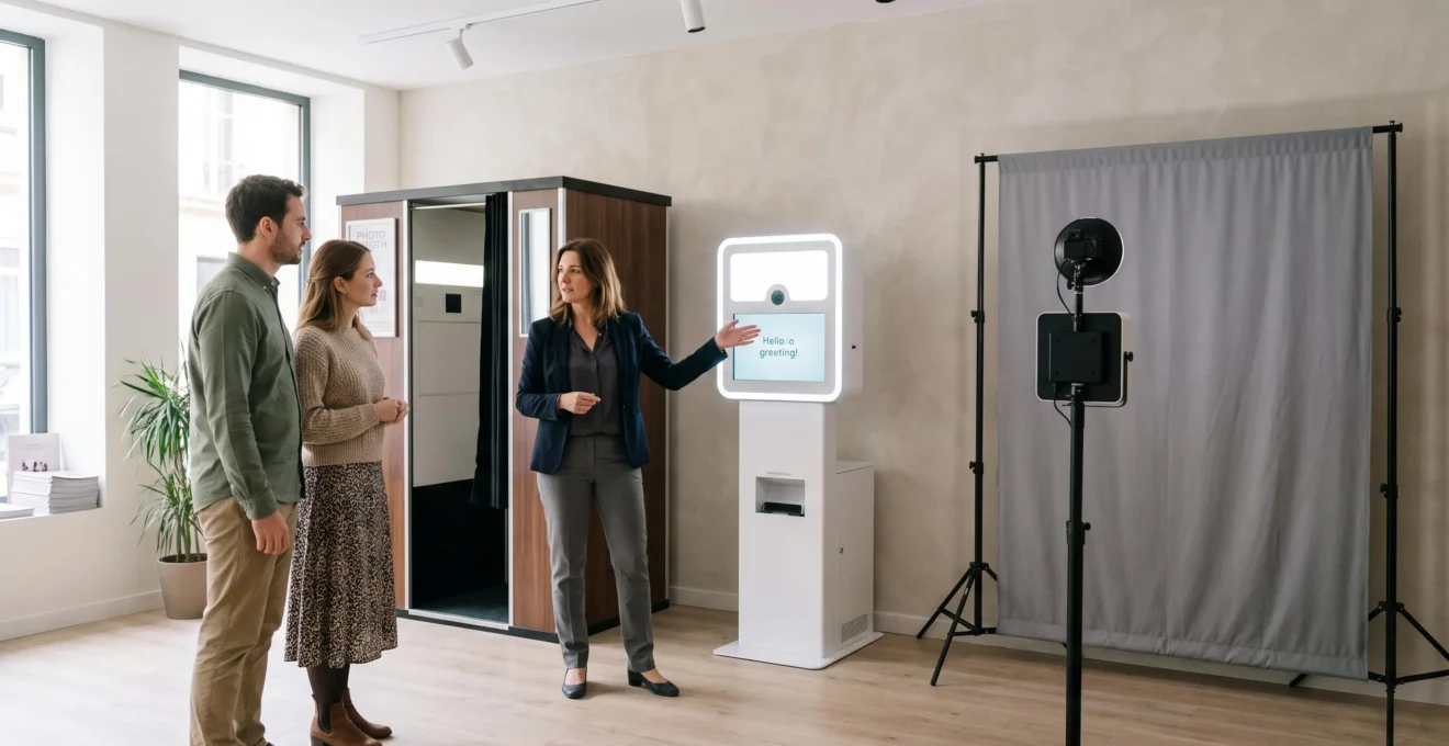 Prestataire présentant différentes configurations de bornes photo à un couple de futurs mariés dans un showroom professionnel